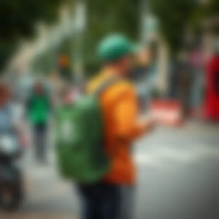 Adidas green backpack being used in an urban environment