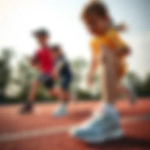 Dynamic action shot of children wearing Adidas Fortarun shoes during sports activity.