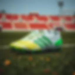 Stylish Adidas green and white cleats displayed on a football field