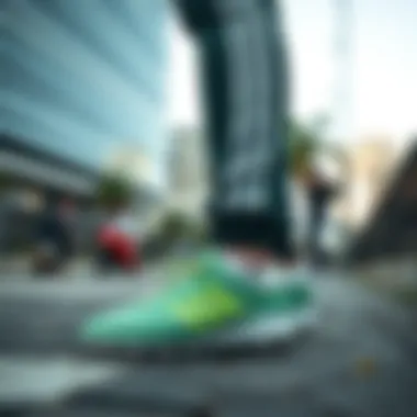 Trendy outfit featuring Adidas green and white cleats in urban setting