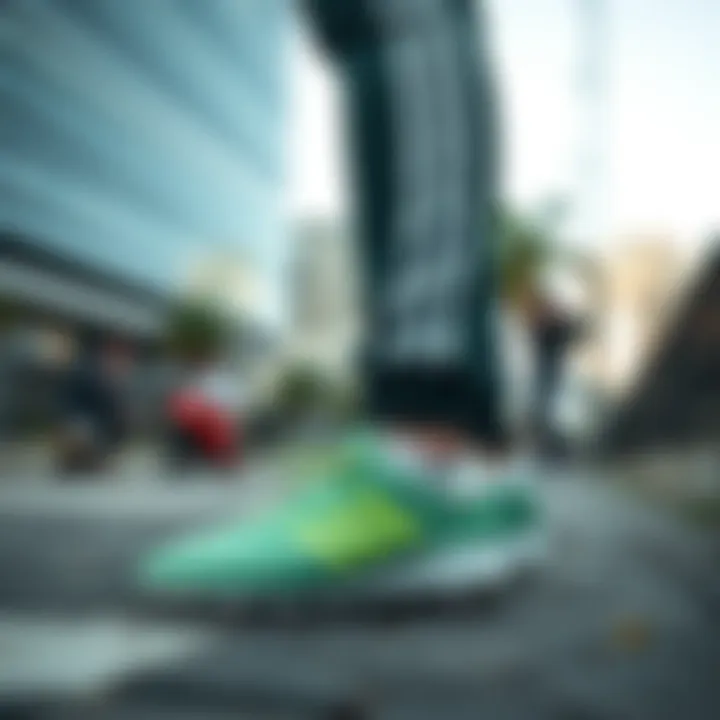Trendy outfit featuring Adidas green and white cleats in urban setting