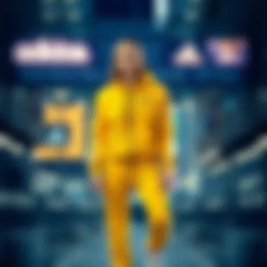 Stylish yellow tracksuit displayed on a modern urban background.