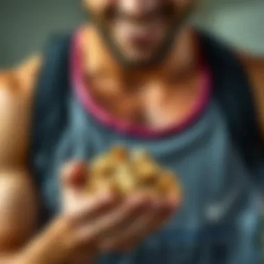 An energized athlete enjoying a handful of mixed protein nuts post-workout, symbolizing recovery and nutrition.