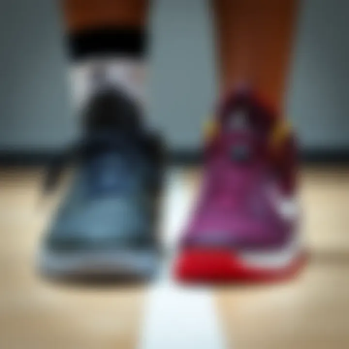 A side-by-side comparison of two popular basketball shoe models showcasing their material differences.