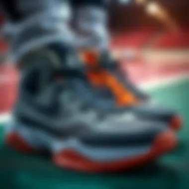 A close-up view of high-performance basketball sneakers highlighting their unique design features.