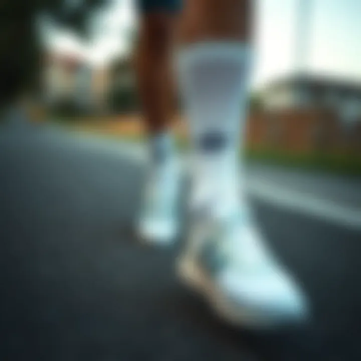 Active individual sporting white Adidas socks in motion