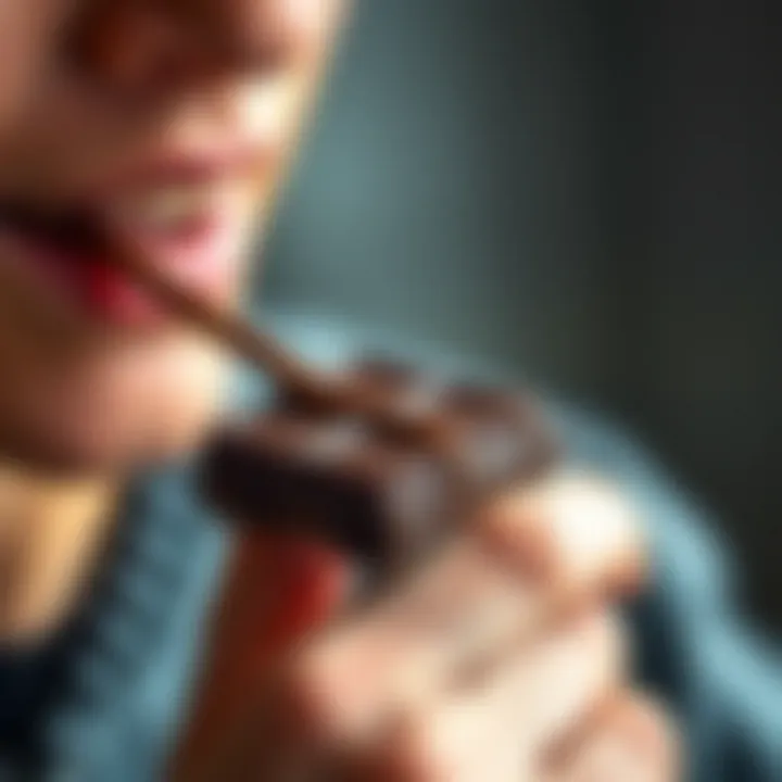 A person enjoying a piece of dark chocolate