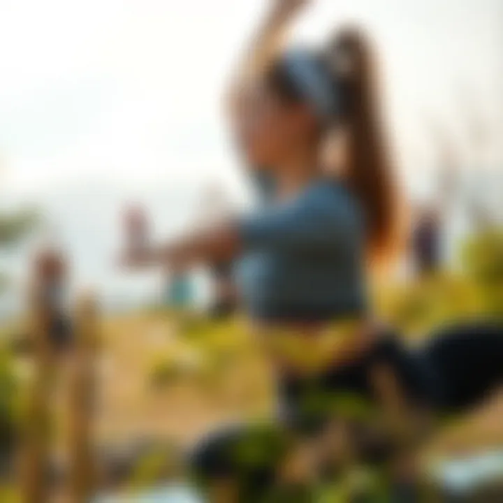 A serene outdoor environment where individuals are practicing yoga, embodying fitness and tranquility.