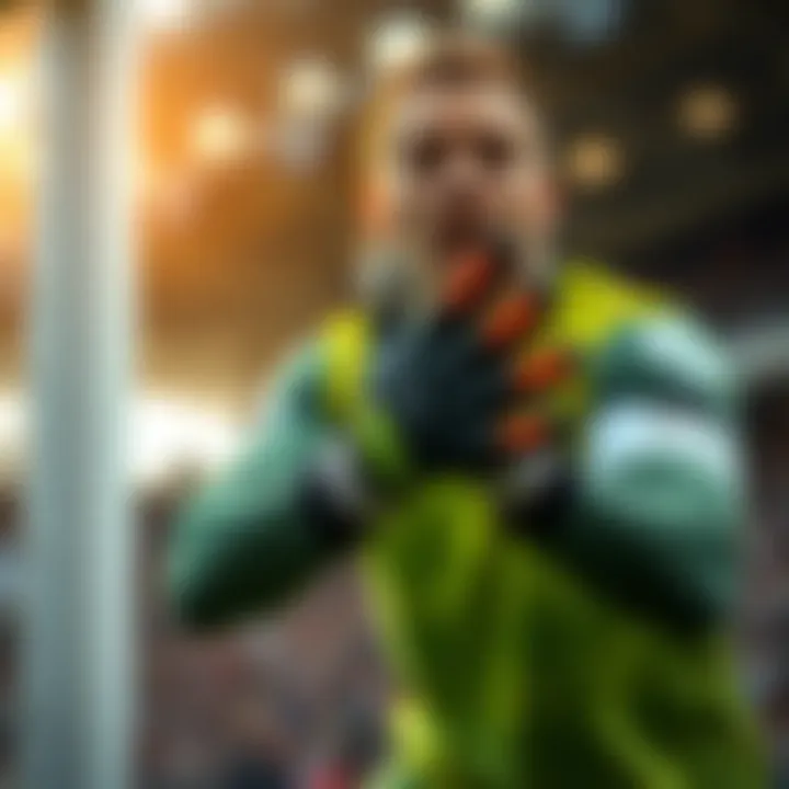 A dynamic action shot of a goalkeeper using Gripmode gloves during a match