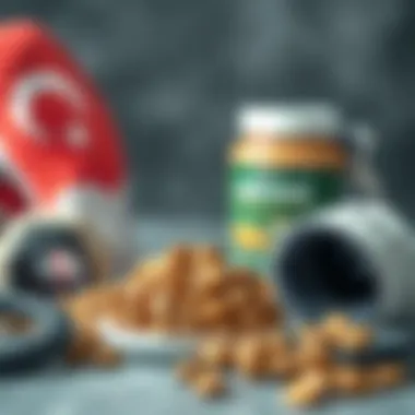 An aesthetically pleasing arrangement of protein nuts paired with fitness gear, emphasizing a healthy lifestyle.