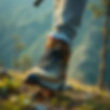 Hiker wearing stylish hiking shoes in nature