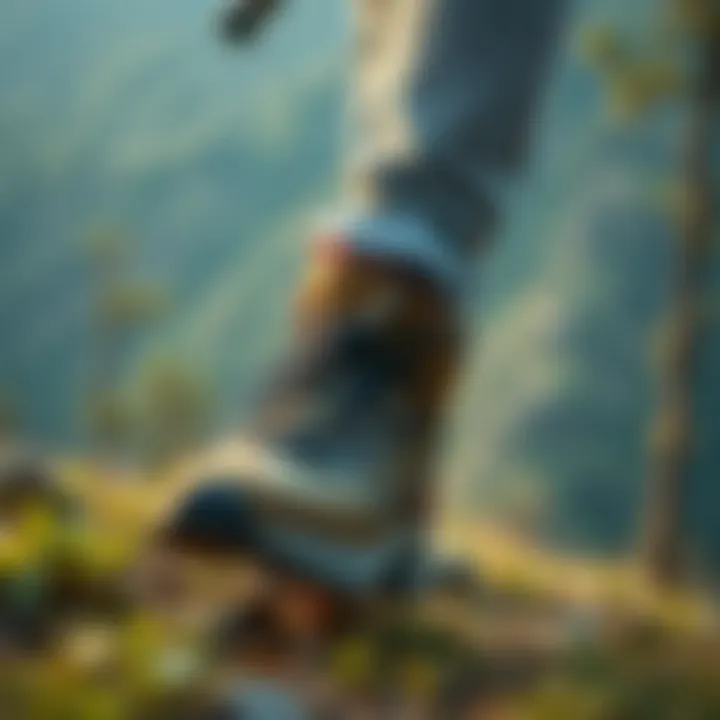 Hiker wearing stylish hiking shoes in nature
