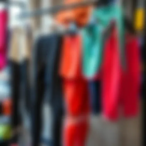 Different styles of short sports leggings displayed on a rack