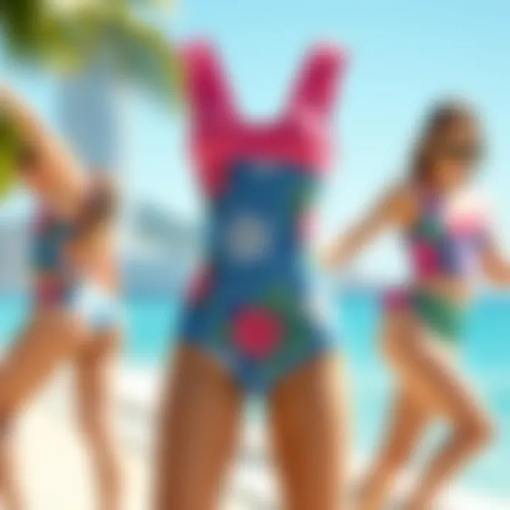 A vibrant selection of girls' swimsuits showcasing various styles and colors for summer fun.