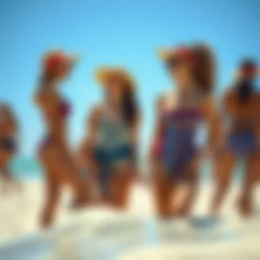 Stylish girls enjoying a sunlit beach, wearing trendy swimsuits that reflect current fashion trends.