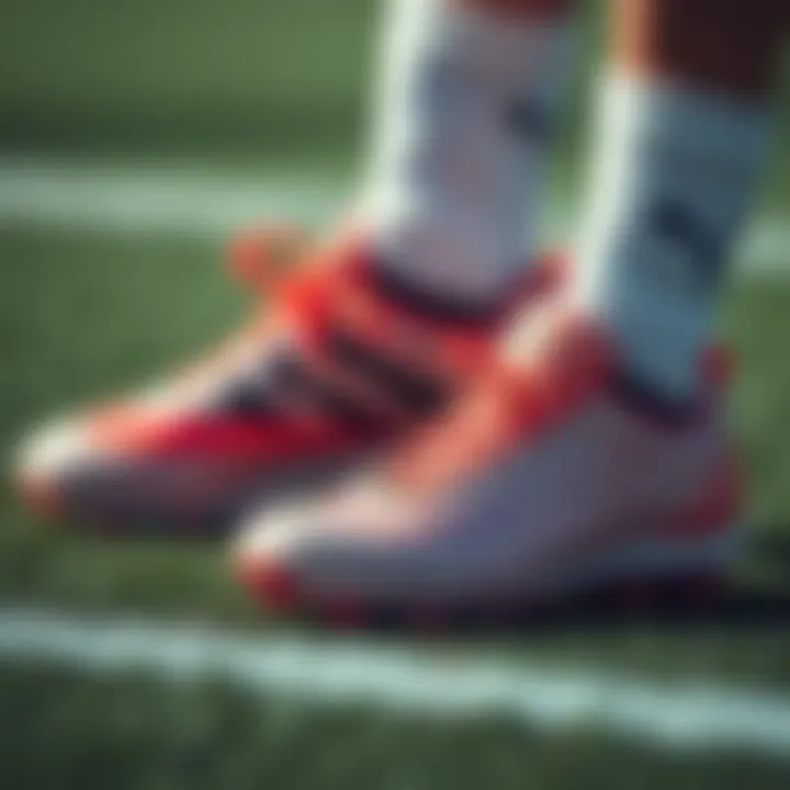 Close-up view of technical specifications on girl soccer footwear.