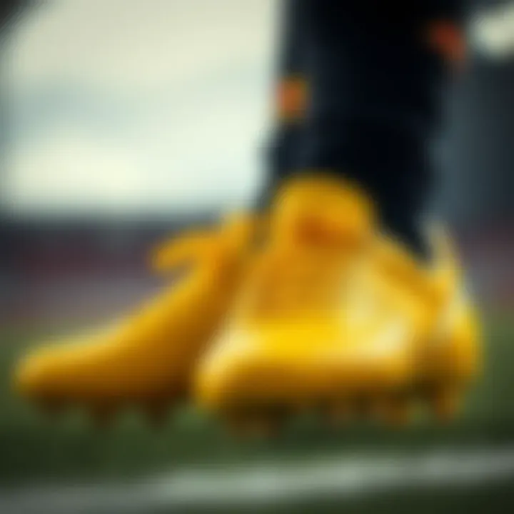 Close-up of yellow cleats with dynamic background