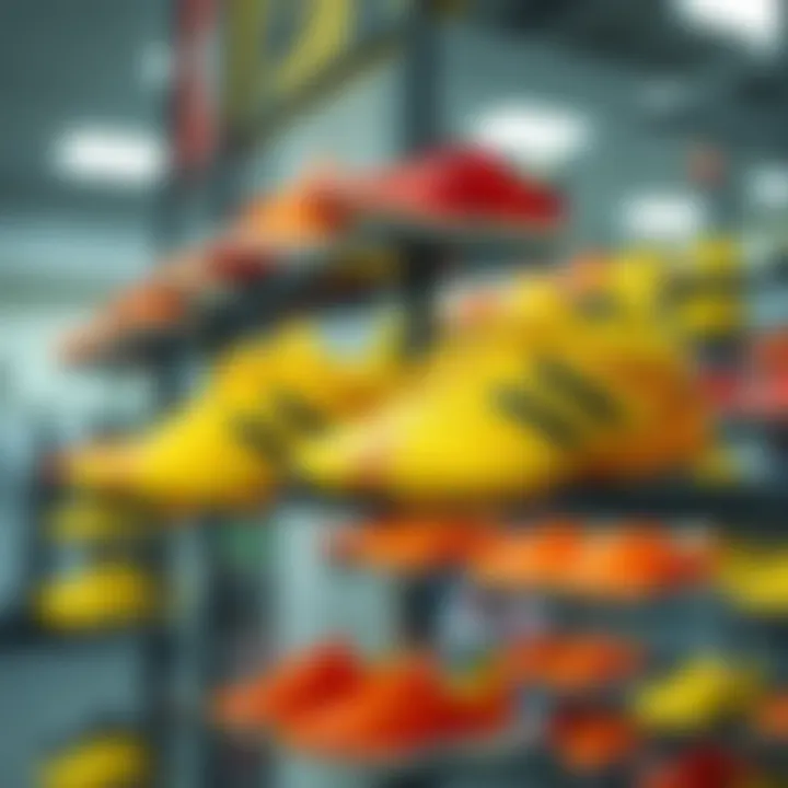 Trendy yellow soccer shoes displayed on a sports rack