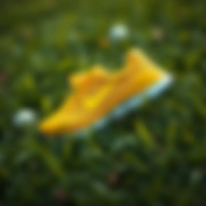 Vibrant yellow sports shoes on a grassy field