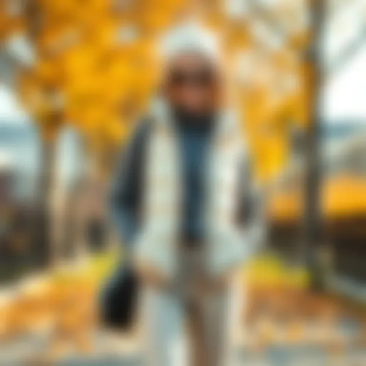 Stylish outfit featuring a cream puffer vest paired with autumn layers