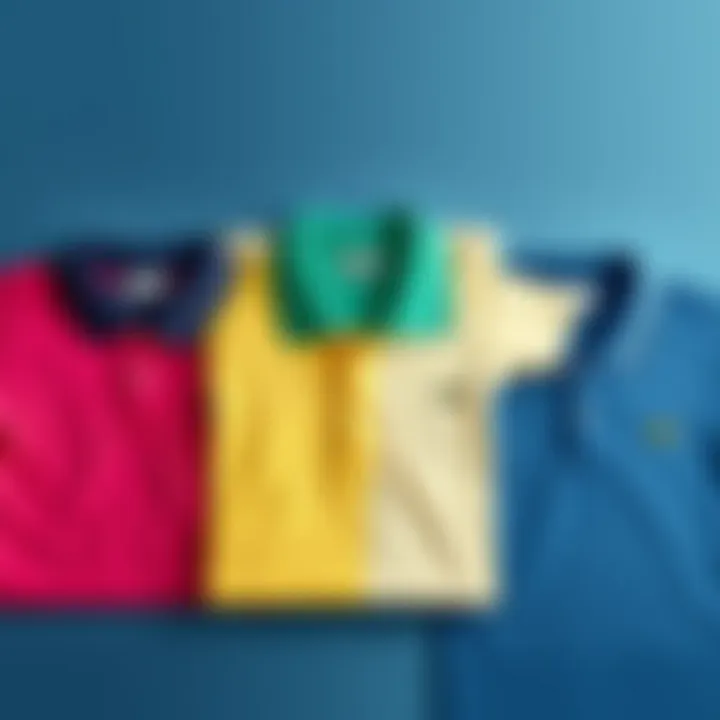 Different color variations of Lacoste polo shirts laid out elegantly.