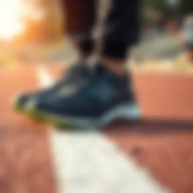 Close-up of high-performance running shoes on a track.
