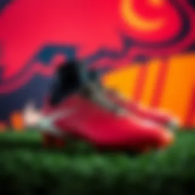 Stylish display of Messi's cleats against a vibrant background