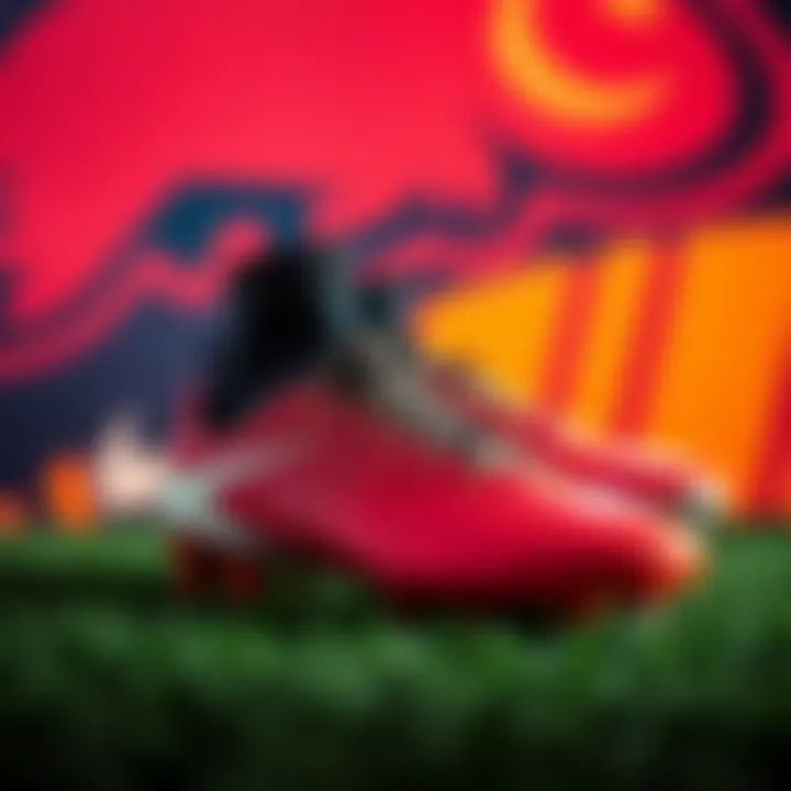 Stylish display of Messi's cleats against a vibrant background