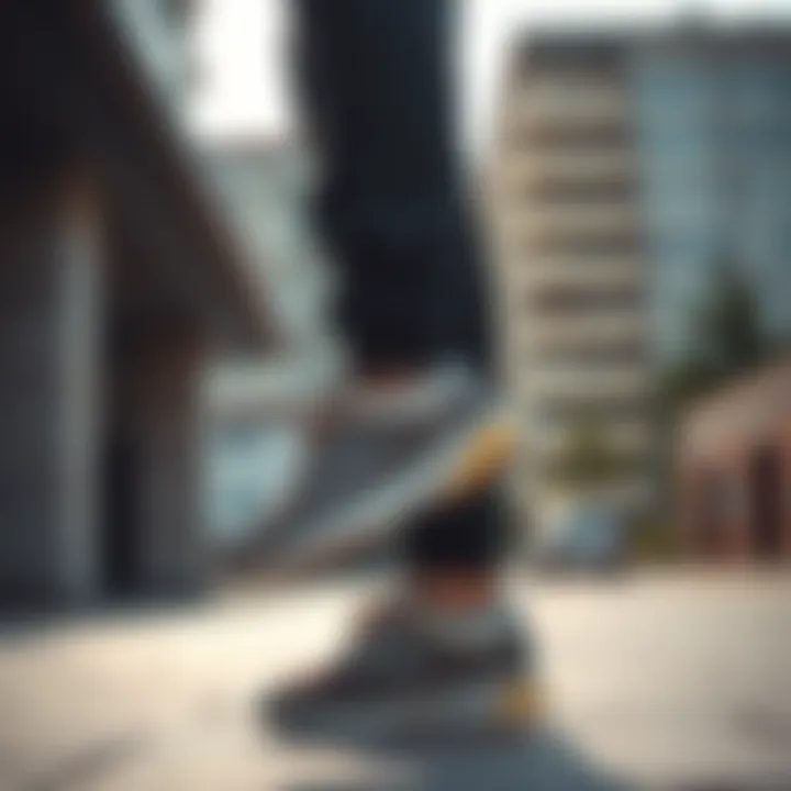 Lifestyle shot featuring New Balance 408 Gri worn in an urban setting.