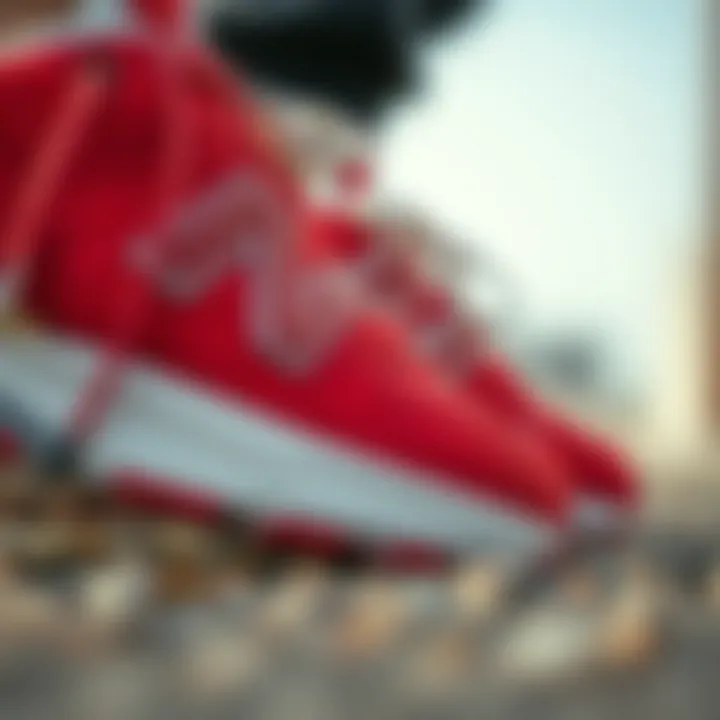 Close-up showcasing the quality materials of New Balance red shoes