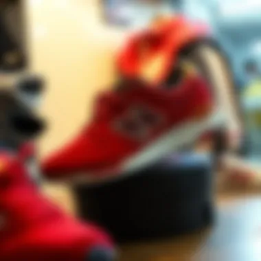 New Balance red shoes displayed in a trendy outfit setting