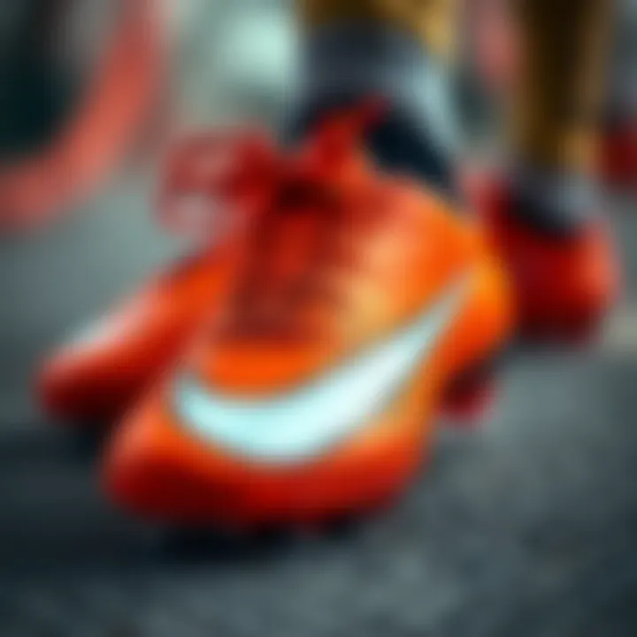 Close-up view of Nike Mercurial orange cleats showcasing their unique design