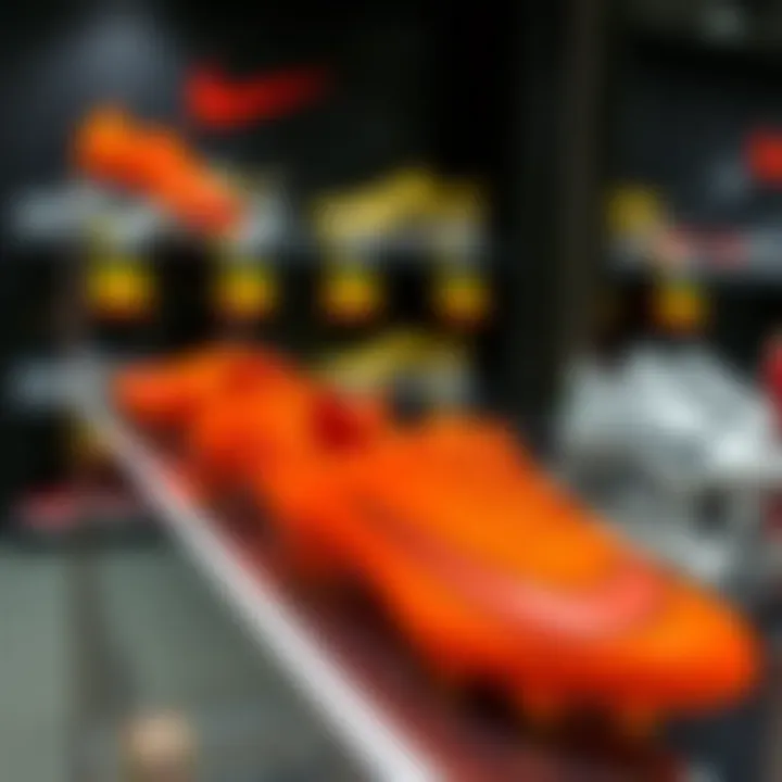Stylish display of Nike Mercurial orange cleats on a sports shelf