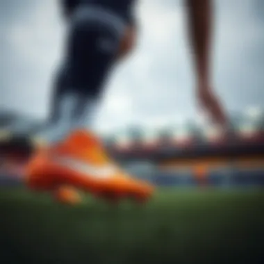 Player lacing up Nike Mercurial orange cleats before a match