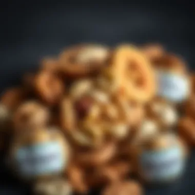 A close-up of various protein nuts with nutritional labels highlighting their health benefits.