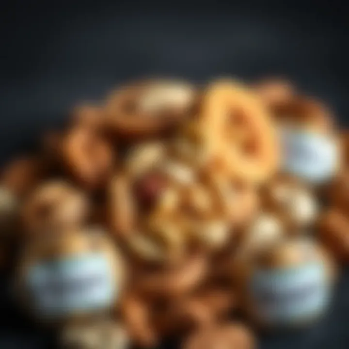 A close-up of various protein nuts with nutritional labels highlighting their health benefits.