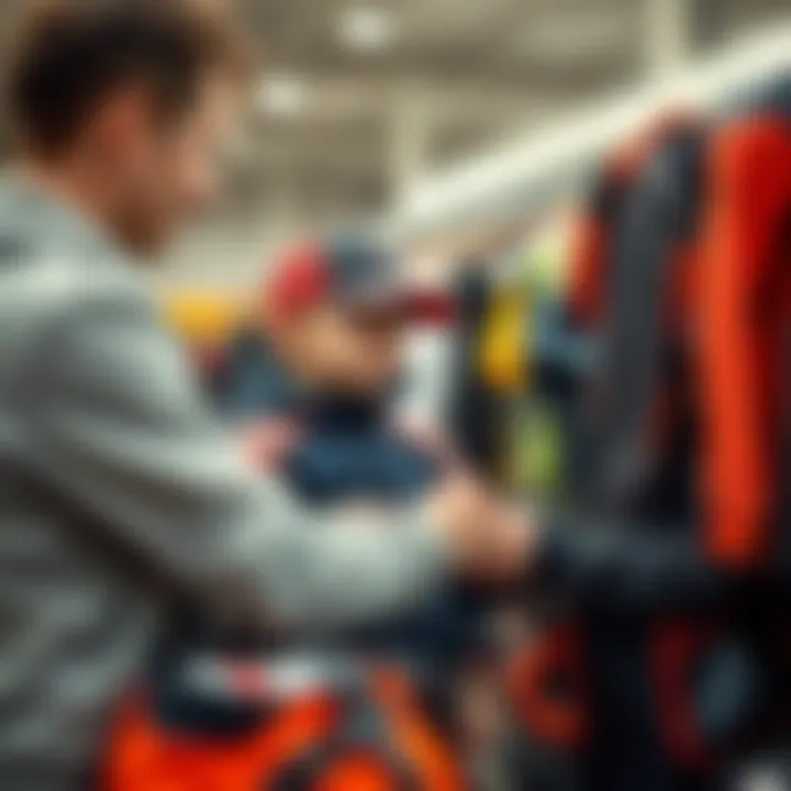 A parent assisting a child with sports gear selection