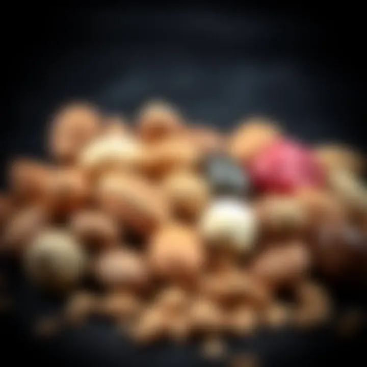 A variety of protein-rich nuts displayed in an elegant arrangement, showcasing their diverse textures and colors.