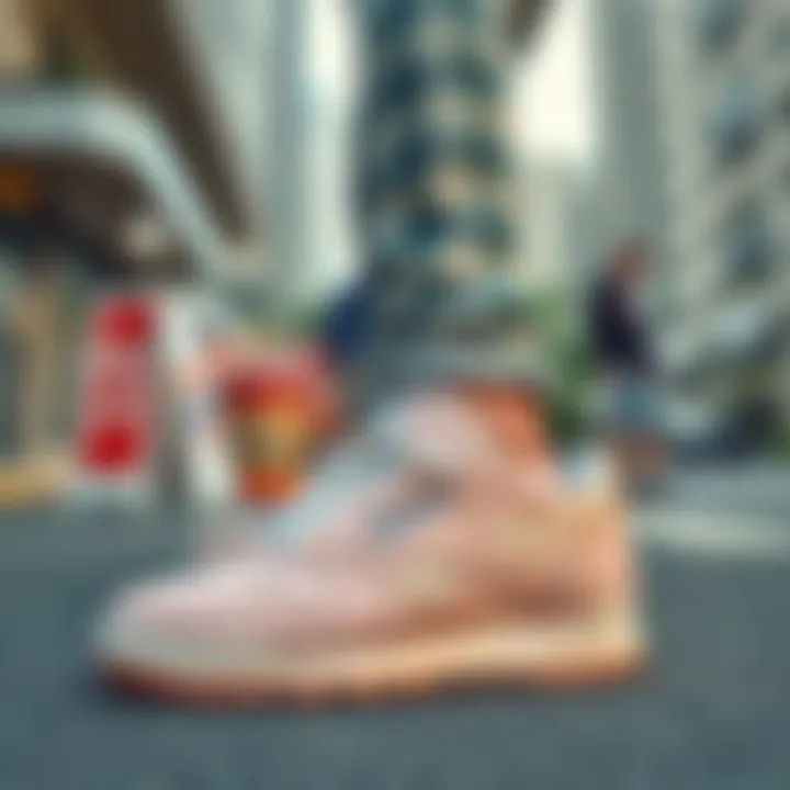 A stylish outfit pairing with Reebok Club C sneakers on a city street.