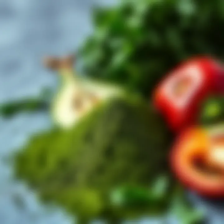 Nutrient-Rich Spirulina and Fresh Produce A close-up of spirulina powder and fresh vegetables