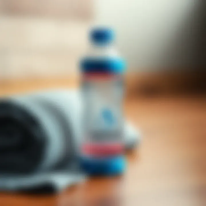 Hydration bottle beside a workout towel