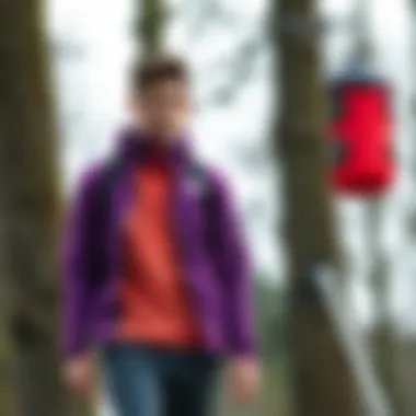 Fashionable coordination with The North Face purple jacket