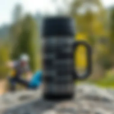 Thermal mug in an outdoor sports setting, perfect for hydration during activities.