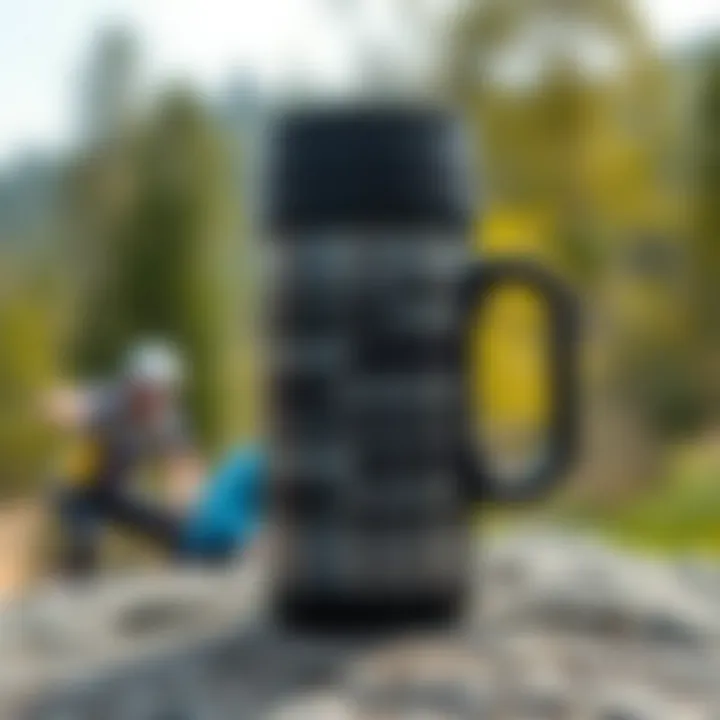 Thermal mug in an outdoor sports setting, perfect for hydration during activities.