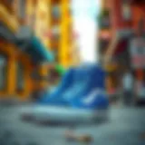 Stylish Vans blue high-top sneakers on a vibrant street