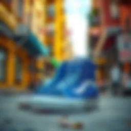 Stylish Vans blue high-top sneakers on a vibrant street