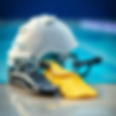 A selection of swim gear including goggles, caps, and fins.